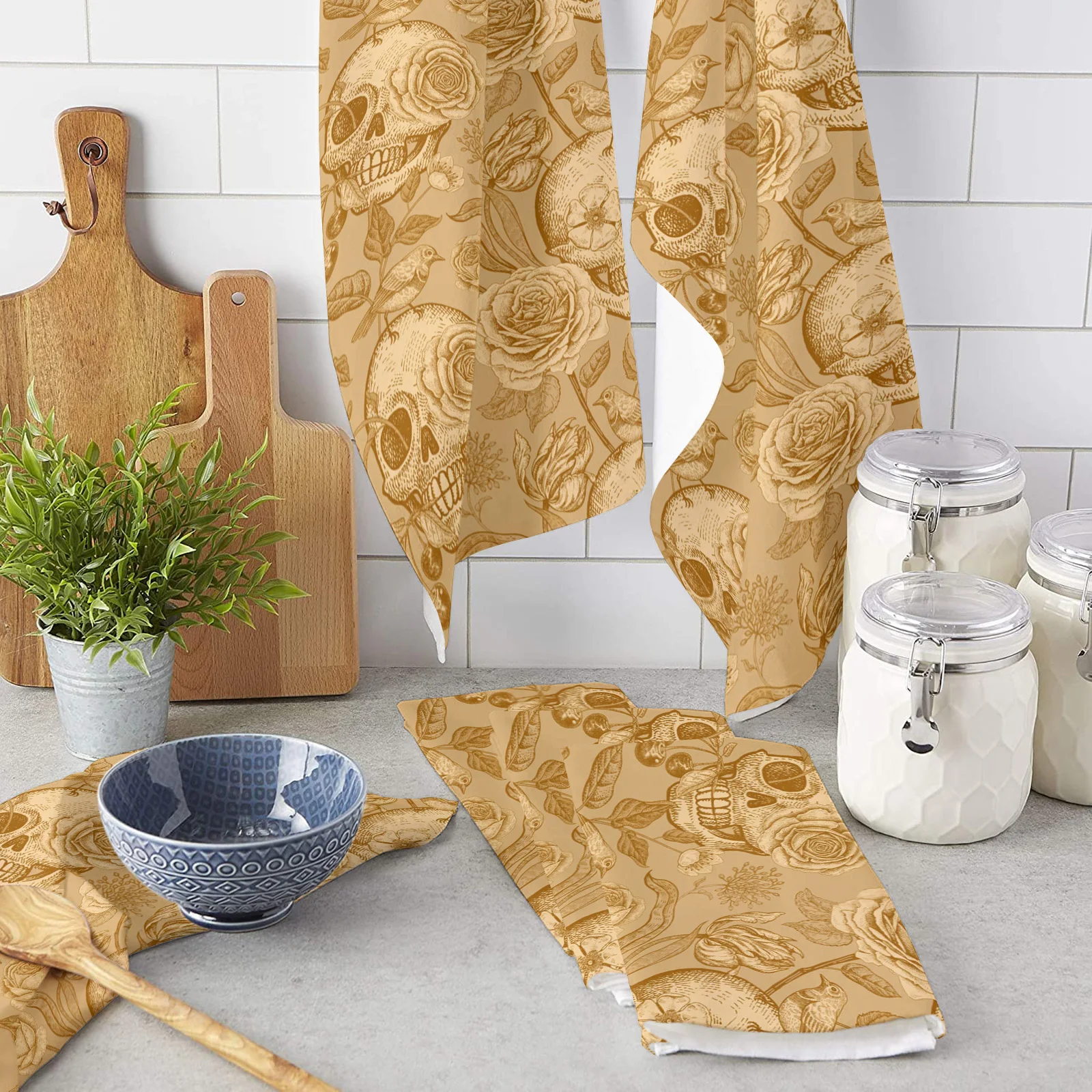 

Skull Flower Plant Microfiber Kitchen Towel Absorbent Non-stick Oil Wiping Rag Home Cleaning Dishcloth