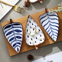japanese hand painted ceramic seasoning leaf dish with wooden tray creative appetizers snack dessert plate sauce sushi tray gift