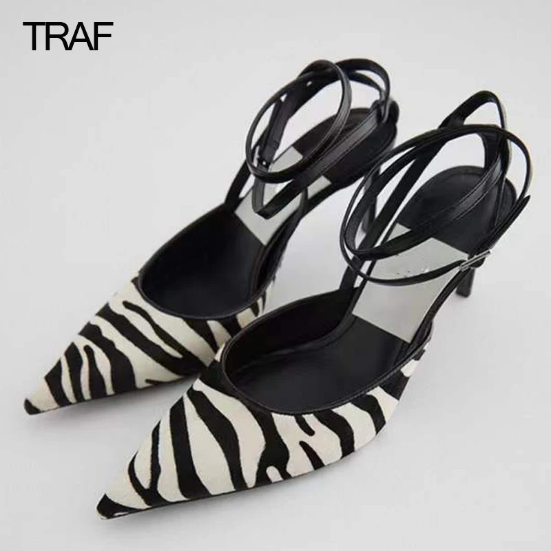 

TRAF Women's High Heels Zebra Animal Print Heels Strappy Heeled Woman Pumps Stiletto Slingback Lace up Ladies Shoes Summer 2023