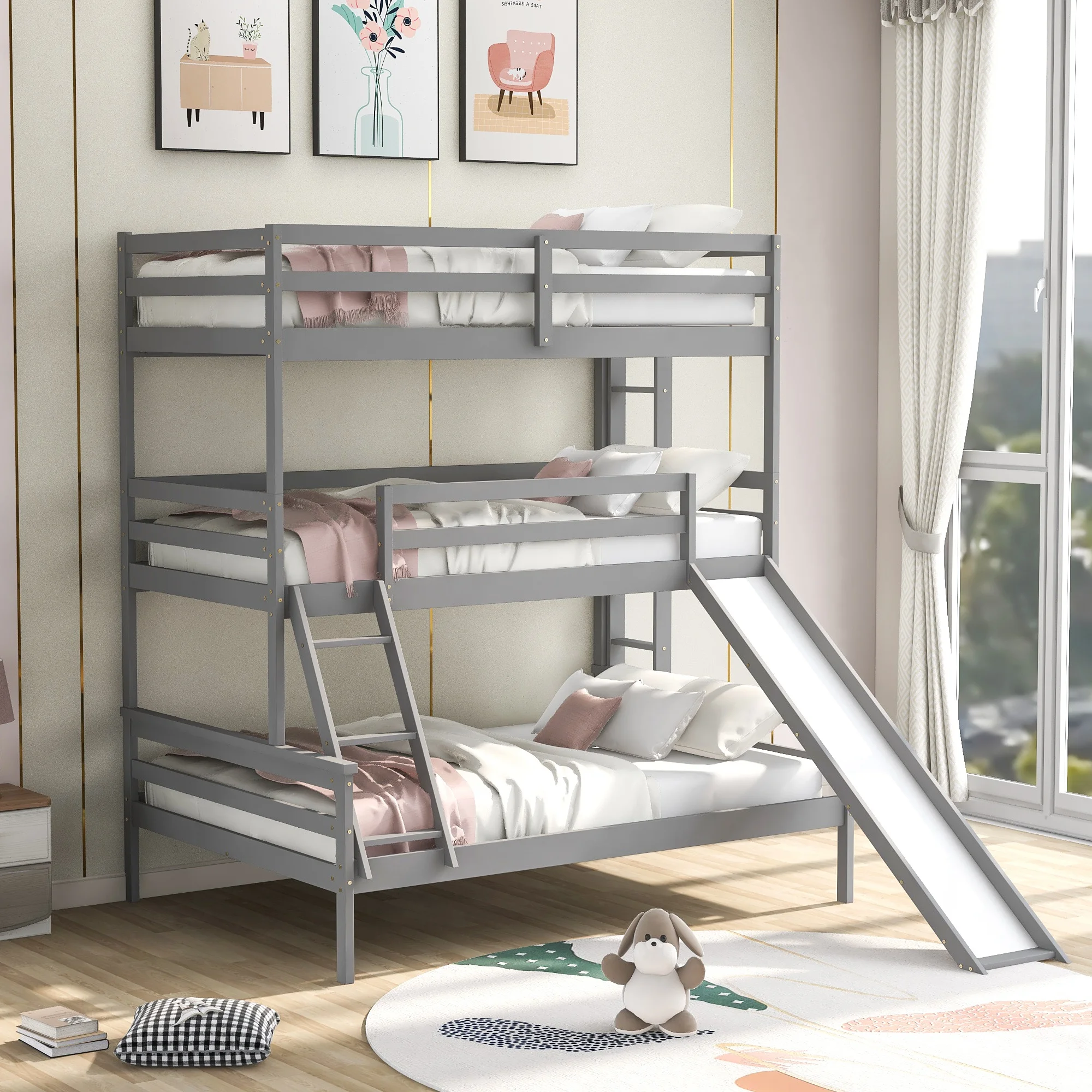 

Home Wooden Bedroom Furniture Beds Frames Bases Twin Over Twin Over Full Triple Bunk Bed With Convertible Ladder And Slide Gray