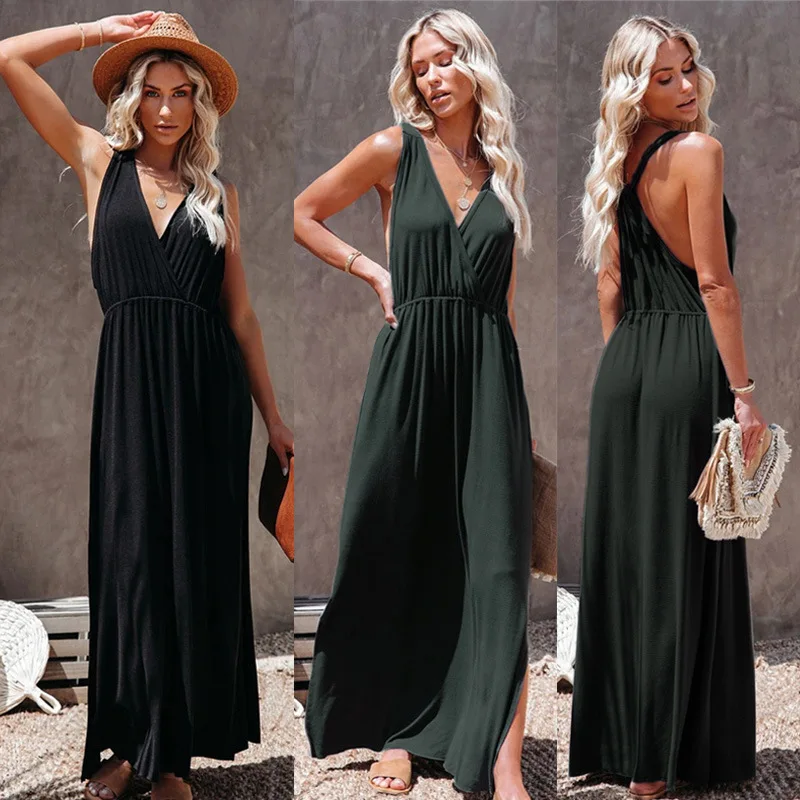 

2022 Summer Women's Long Dress Casual V-neck Sleeveless Elegant Black Dress Female New Loose Office Fashion Clothes Lady