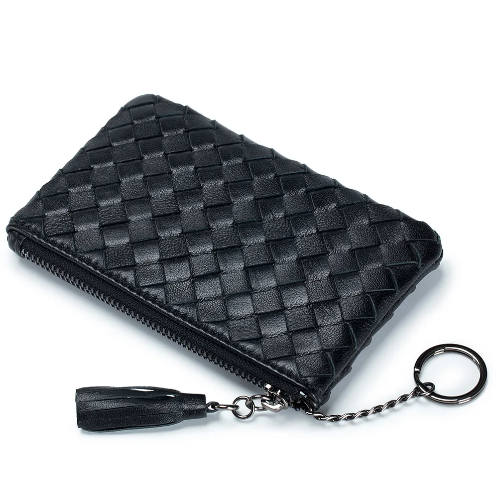 Tassel Zipper Card Holder Coin Purse for Women Soft Sheepskin Woven Ultra-thin Coin Pocket Wallet New Men Genuine Leather Wallet