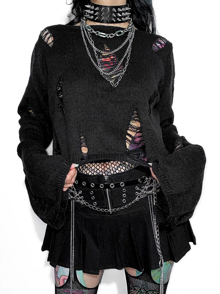 

Винтажный Однотонный черный свитер Y2K с дырками, винтажный уличный Готический кроп-Топ с длинным рукавом, зимвечерние чные Модные женские п...