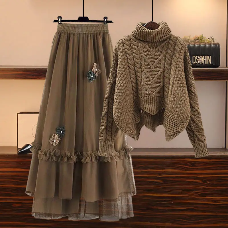 

Highwaisted dark mesh skirt twopiece large size Aline skirt women winter suit women skincovering slim sweater midlength skirt