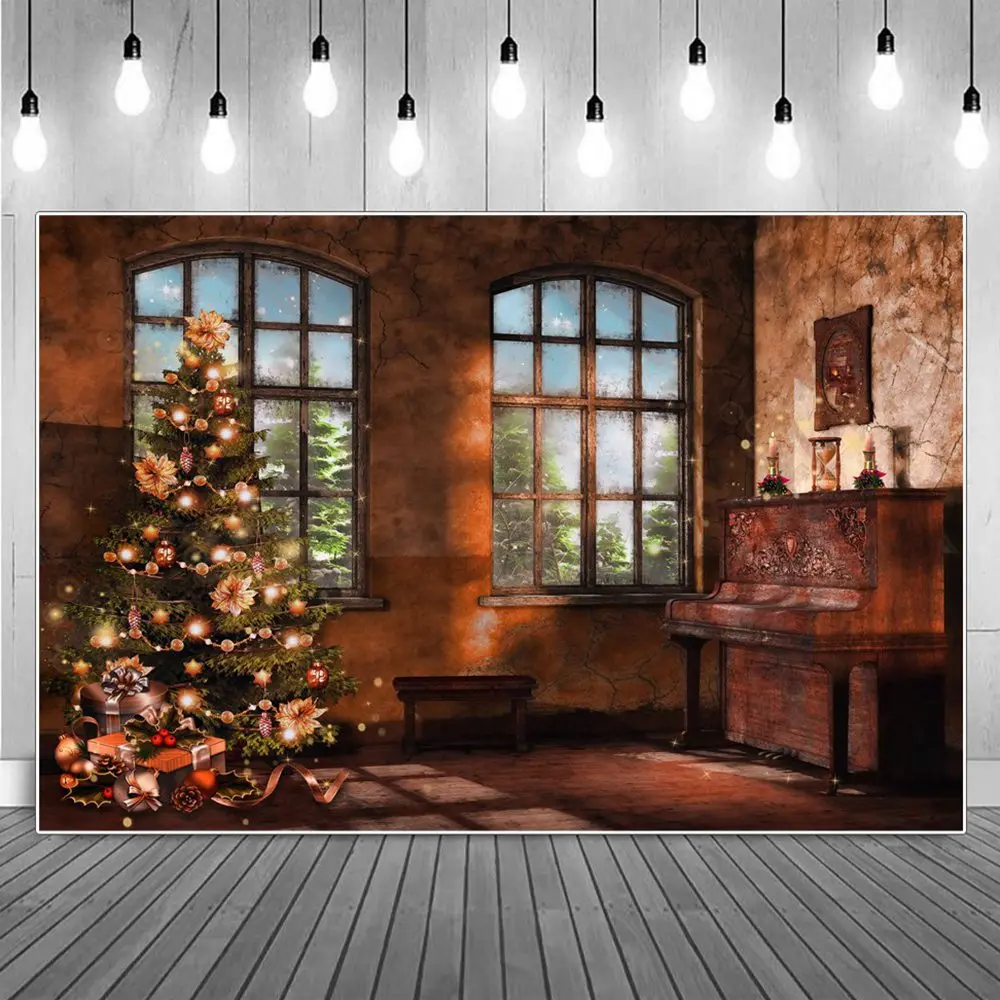

Vintage Christmas Room Window Piano Photography Backdrop Old Chapped Wall Flowers Trees Gifts Bench Home Studio Photo Background