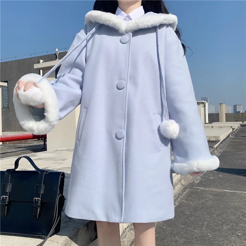 

Preppy Japanese Winter Sweet Coat Kawaii Sailor Collar Bow Hairball Ruffles Cute Full Sleeve Single-breasted Wool Outerwear 2023