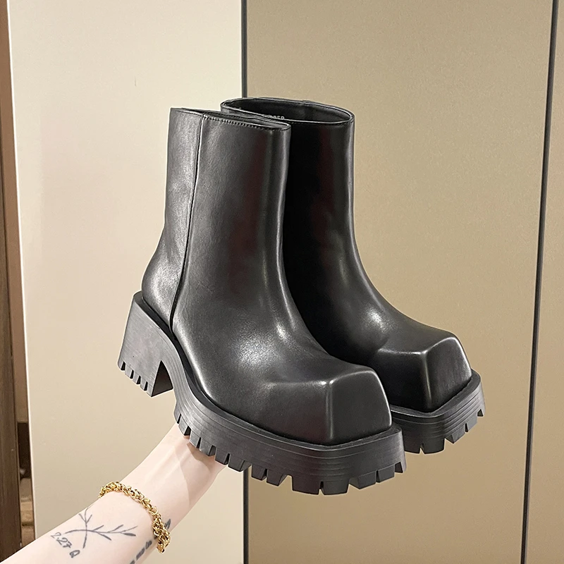 

2022 Autumn Genuine Pu Women Chelsea Boot Fashion Platform Mid-Calf Boots Elastic Band Handmade Ladies Footwear Black Botas Wild