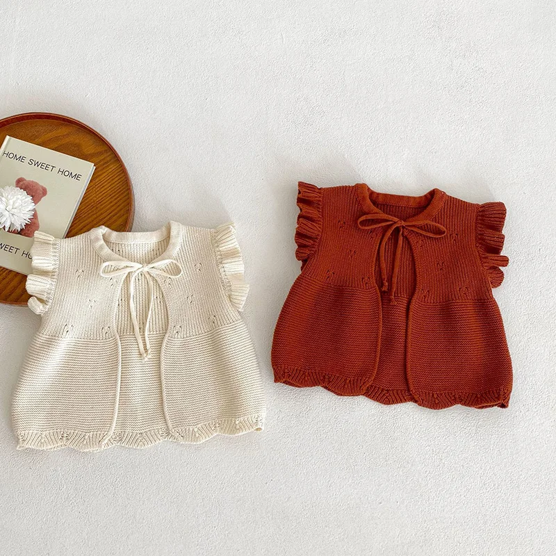 

Осенне-весенний вязаный жилет для маленьких девочек от 0 до 3 лет, вязаное пальто для маленьких девочек, однотонный кардиган без рукавов, сви...