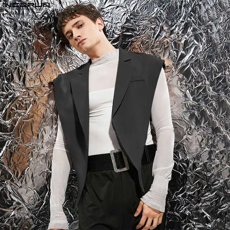 

INCERUN 2023 Men Vests Solid Color Lapel Sleeveless Open Stitch Casual Irregular Waistcoats Streetwear Fashion Crop Vests Men