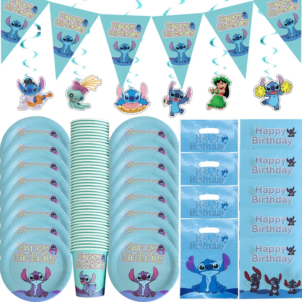 Disney-plato de taza con temática de Lilo & Stitch, servilleta, decoración de fiesta de cumpleaños para niños, suministros para eventos, artículos de recuerdo para niños, 20 personas