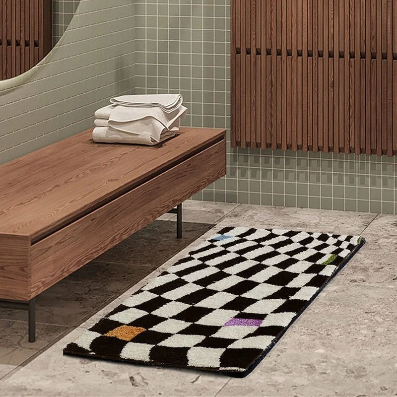 

Fluffy Grids Bathmat Soft Floral Bathroom Rug Bedside Carpet Function Entrance Floor Mat Anti Slip Pad Aesthetic Home Decor