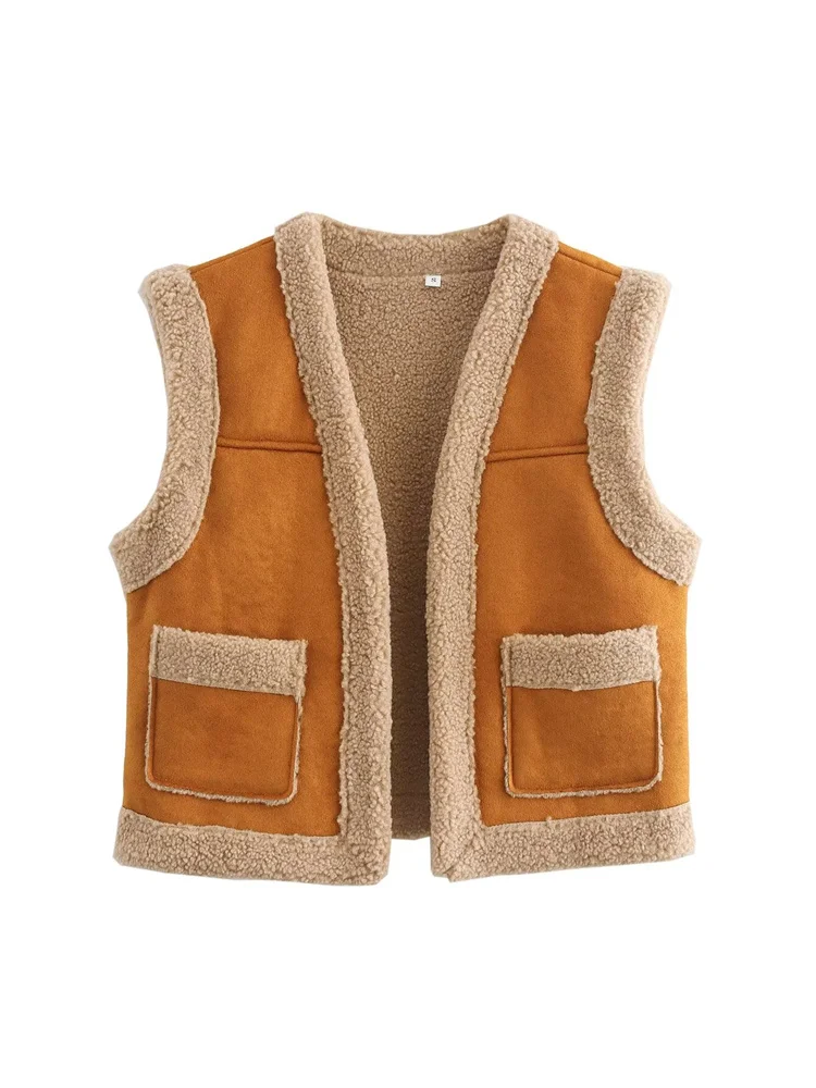 Zevity New Women Fashion Brown Fur Integrated Vest Jacket Female High Street Open Stitching Pockets Winter WaistCoat Tops CT7142