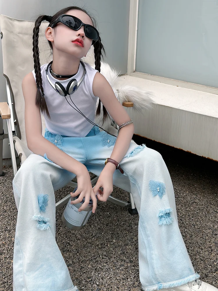 Джинсы для девочек летние новые большие детские американские рваные градиентные