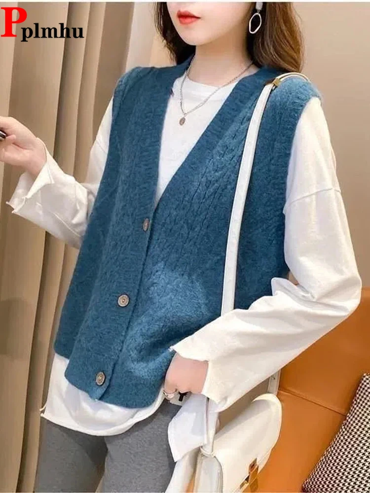 

New Sweater Waistcoat Korean Knitwears Veste Loose Casual Knit Cardigan Sleeveless Chaleco Fashion Women Spring Colete Jackets