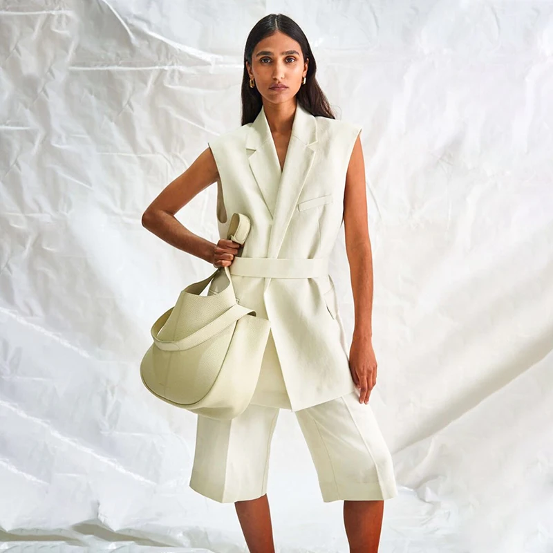 Women New Office Lady 100% Linen Sleeveless Vest Coat with Belt+ Knee-length Pants SetTemperament Suit