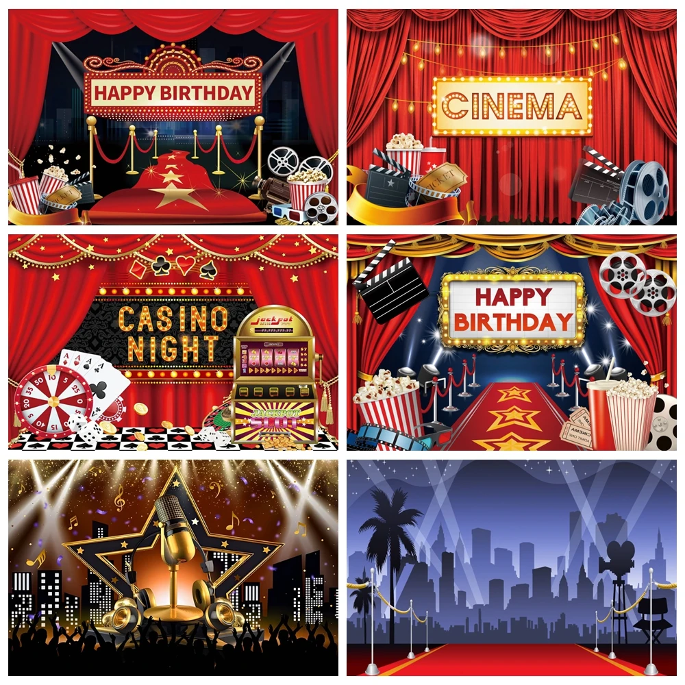 

Cinema Movie Night Theme Backdrop Red Carpet Film Event Star Casino Poker Baby Adult Birthday Party Background Photo Studio Prop