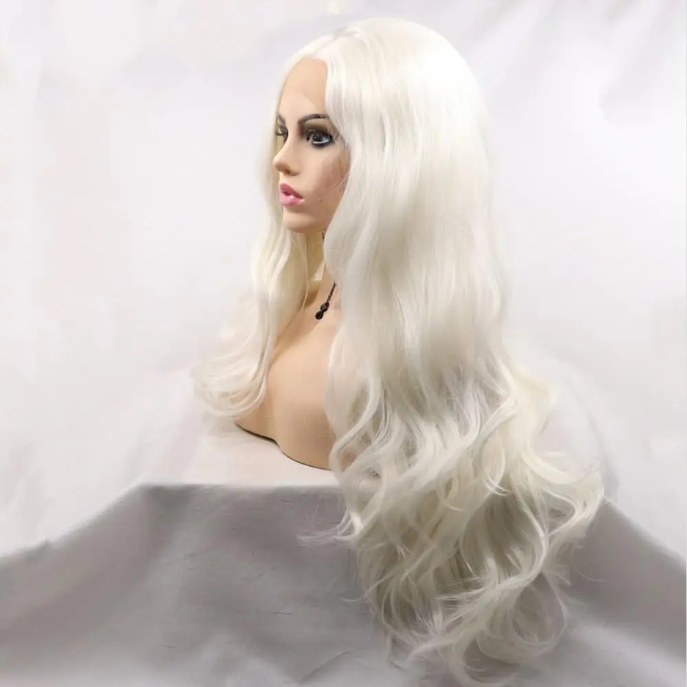 Фото Парик Sylvia Wigs Platinum White, 100% ручной работы, с кружевной передней частью, модель 1001 #   Длинные волнистые термостойкие пряди из синтетического волокна с естественной линией роста волос для женщин №4
