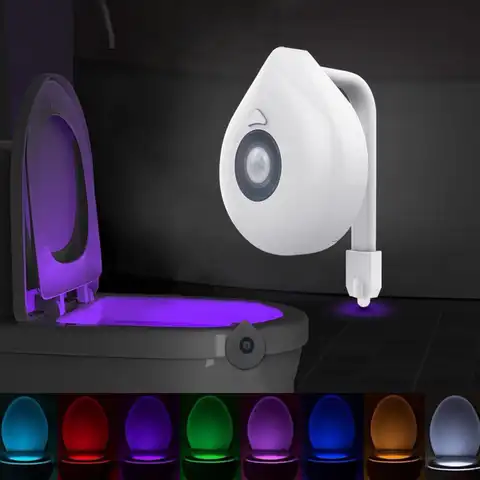 Светодиодный ночной Светильник для унитаза с датчиком движения, WC светильник, 8 цветов, сменная лампа AAA с питанием от батареи, подсветка для ...