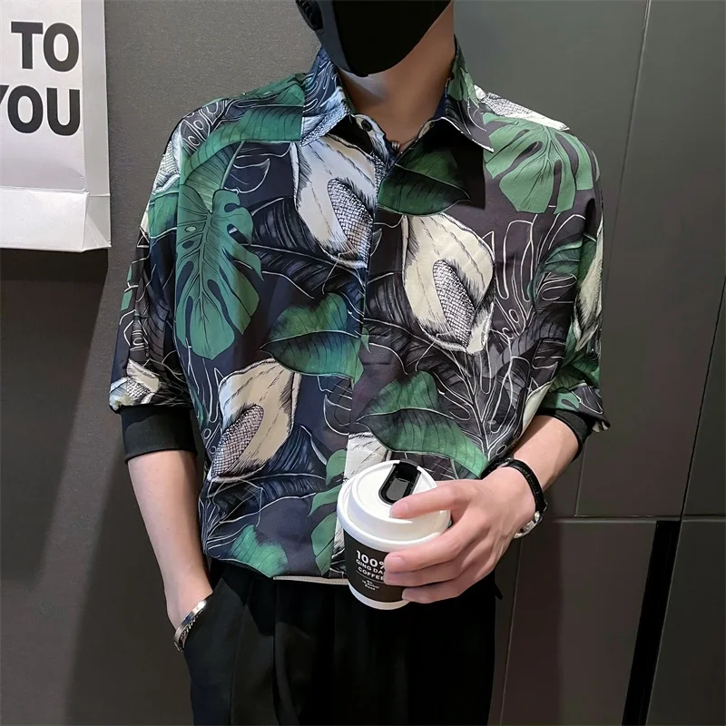 Flower Print Pullover Shirts Men Summer Half Sleeve Loose Casual Shirt Streetwear Social Party Camisas Para Hombre Men Clothing