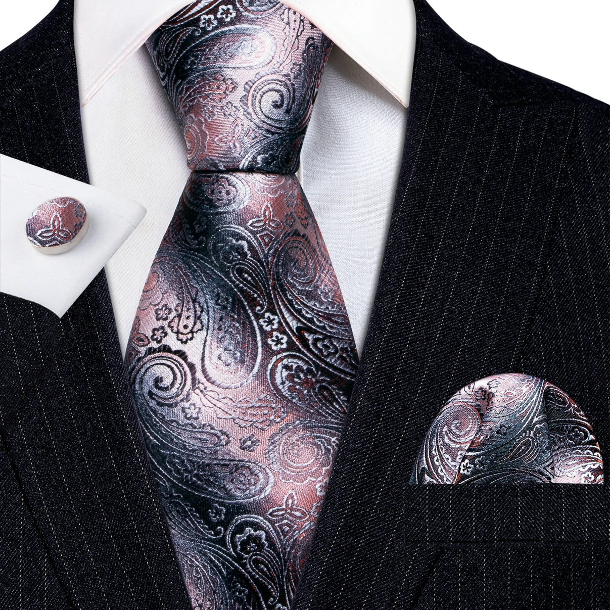

Дизайнерский мужской галстук набор розовый черный Пейсли Шелковый галстук Карманный квадратный запонки набор свадебный бизнес Барри · Ван 5024
