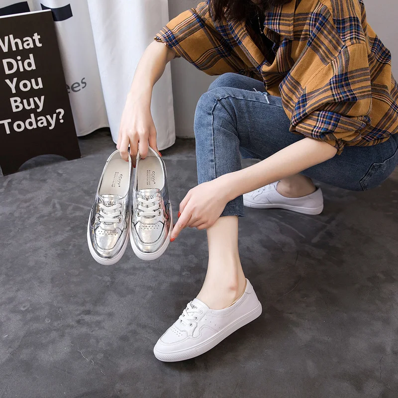 CXJYWMJL Cowhide Casual Sneakers for Women Summer Flat Vulcanized Shoes Genuine Leather Spring Skate Shoes Ladies Sports White