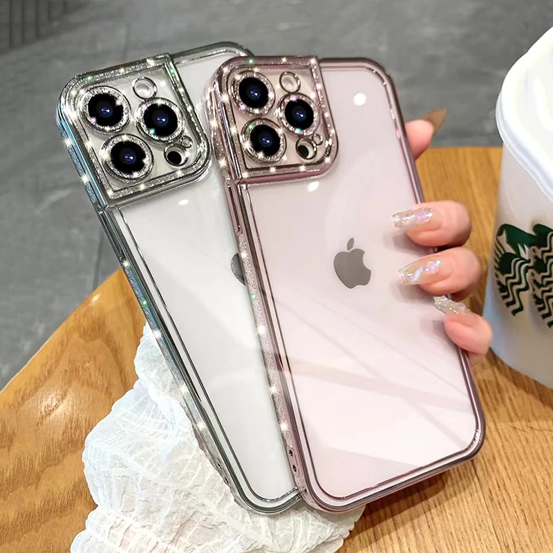 Transparent Plating Glitter Case For iPhone 14 13 12 11 Pro Max XS XR X 8 7 Plus SE 2020 iPhone13 Soft Clear Silicone Full Cover
