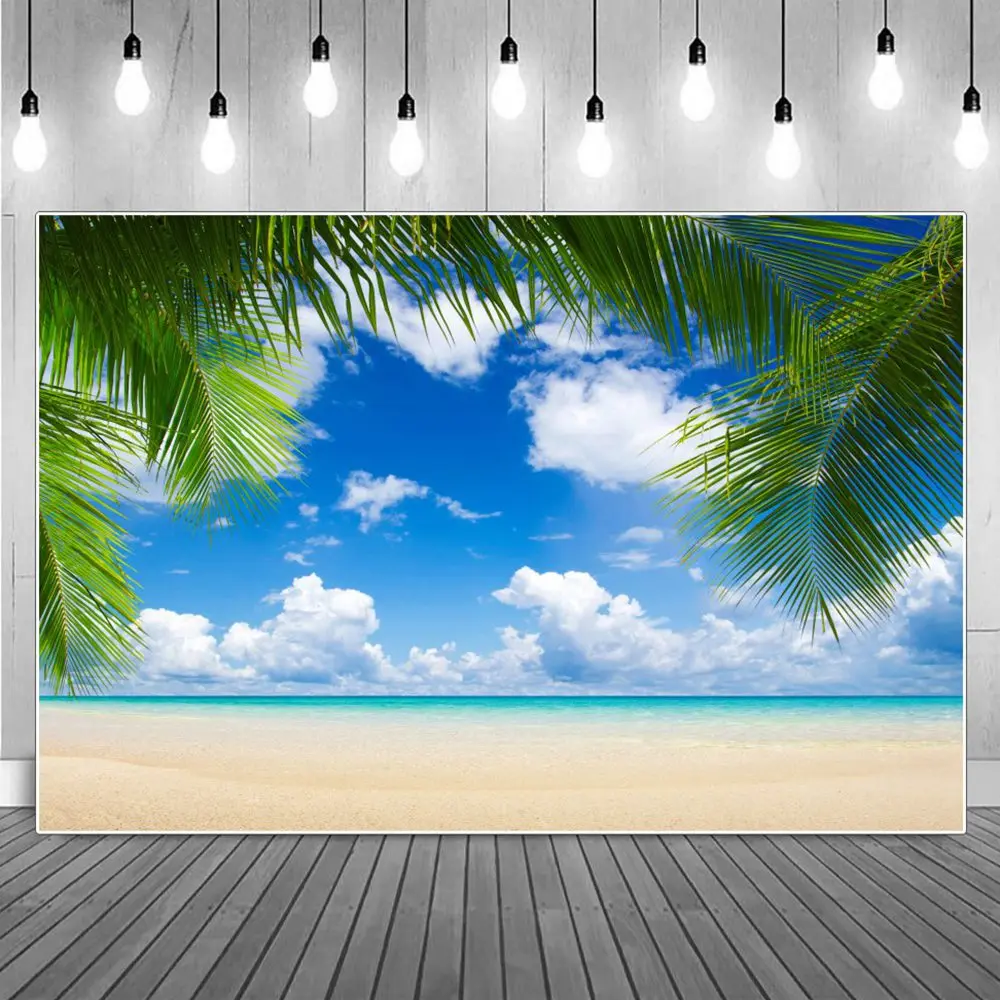 

Tropical Palm Trees Leaves Beach Photography Backgrounds Ocean Seaside Blue Sky Clouds Vacation Backdrops Photographic Portrait