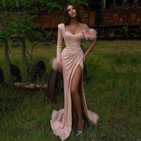 sexy pink one shoulder sweetheart long sleeves crystal beaded prom gown high side split feather 2022 women evening party dresses