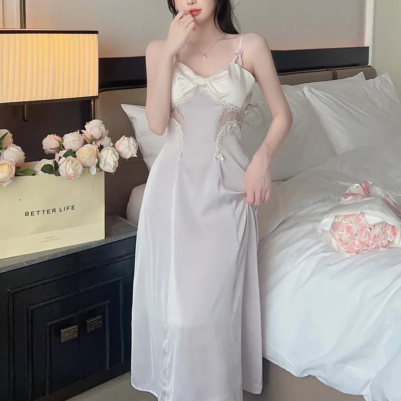 Костюм женский атласный из двух предметов кружевная ночная рубашка-кимоно халат