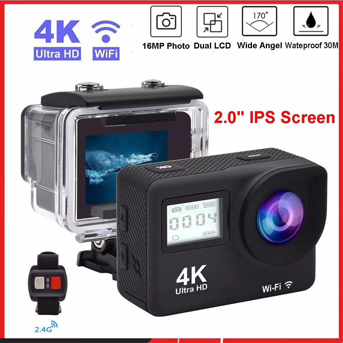 

4K Ultra HD Action Camera Double 2.0'' IPS LCD WiFi 16MP 30M Go Waterproof Pro Sport DV Helmet Video Camera With Remote Control
