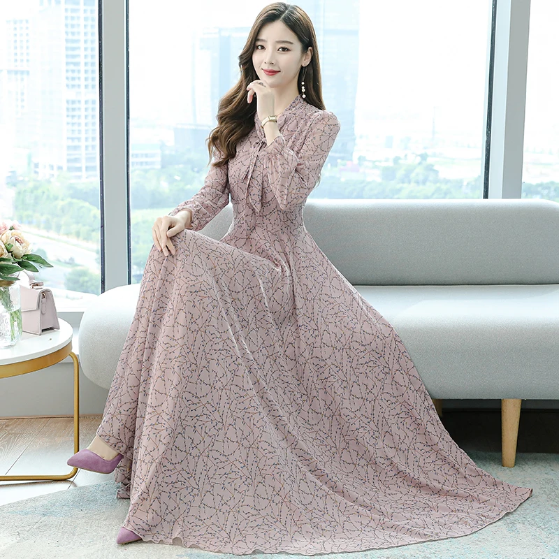 

2022 Chiffon Floral Boho Beach Long Sundress Summer Casual Red Print Long Sleeve Maxi Dress Women Bodycon Nigth Party Vestidos