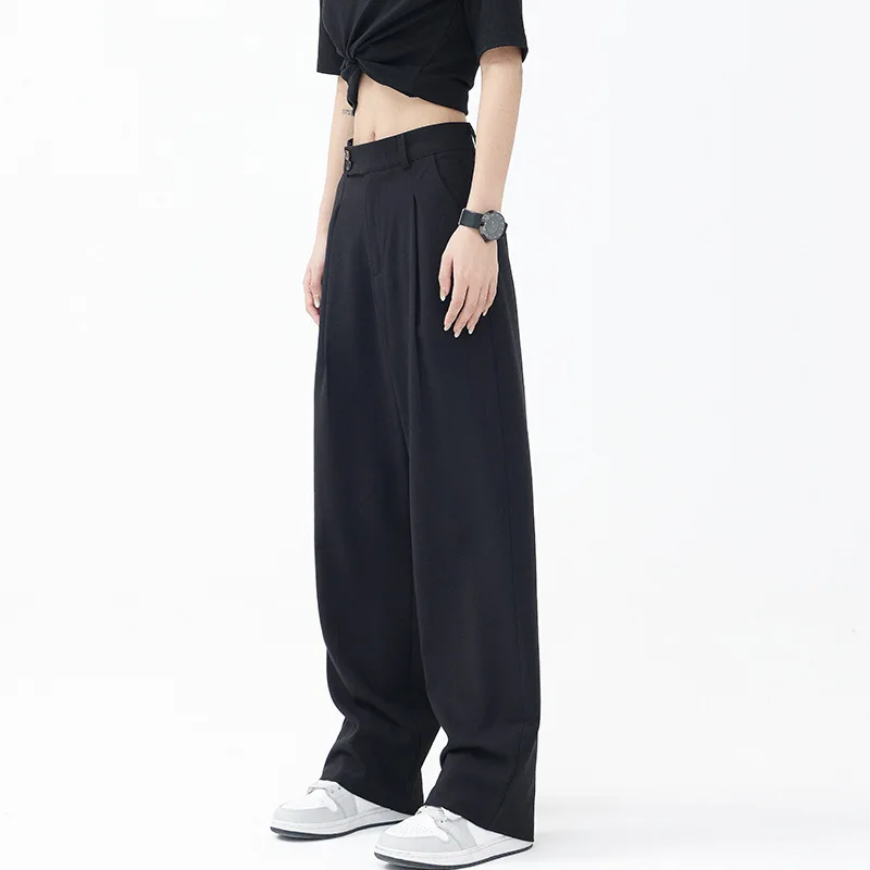 

Women's Black Casual Pants Fashion Large Design High Waist Thin Wide Leg Pants Versatile Straight Tube Casual Suit Pants