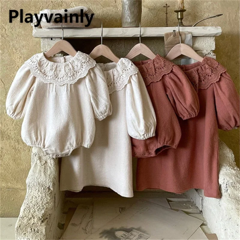 2022 Korean Style Spring Sister Clothes Brick Red Apricot Long Sleeves Ruffles Kids Girls Dresses Princess Baby bodysuits  E4170