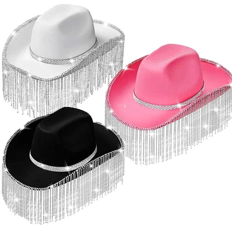

Stylish Rhinestones Fringe Glitter Rave Cowgirl Hat Women Western Tassels Cowboy Hat for Halloween Dress Up Cosplays Party Cap