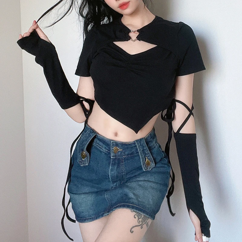 

Дизайнерская футболка Y2k для девушек с асимметричным подолом и повязкой на рукавах с бахромой танцевальный тренд из двух частей
