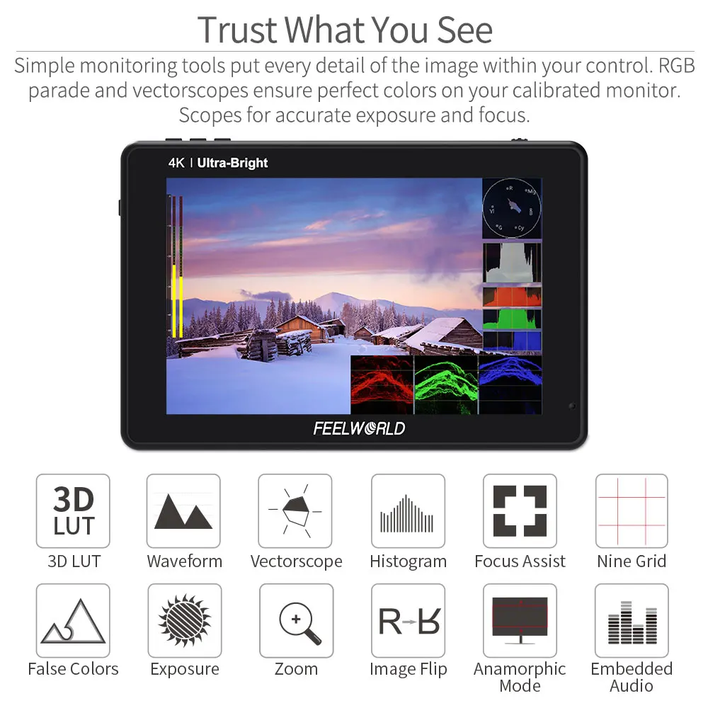 Фото FEELWORLD Полевой монитор камеры LUT7 7-дюймовый сенсорный экран 2200 нит 3D LUT 4K HDMI-монитор с режимом волновой формы векторскопа вентилятора №4