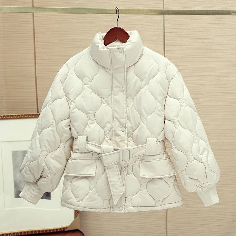 Casual Winter Coat Women Parkas 2022 New Korean Fashion Elegant Coats with Belt Zipper Warm Heavy Jackets for Office Ladies