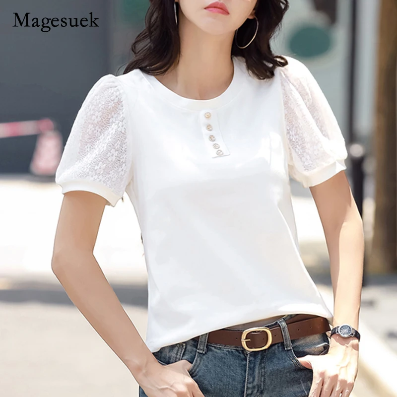 

Summer Tees 2022 New Short Sleeve Cotton Tshirt Women Lace T-shirts Korean Fashion Clothes Puff Sleeve Tops Women Blusas 15703