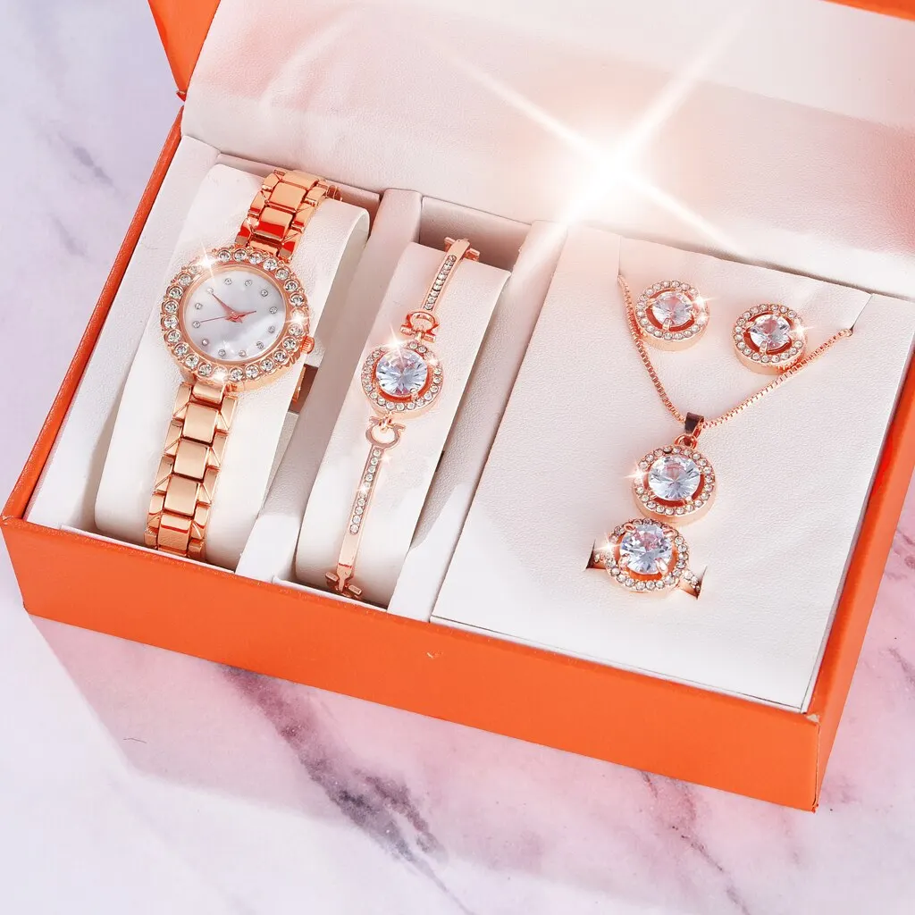 6PCS Set Luxury Watch Women Ring Necklace Earrings Rhinestone Clock Fashion Wristwatch Female Casual Ladies Watches Bracelet