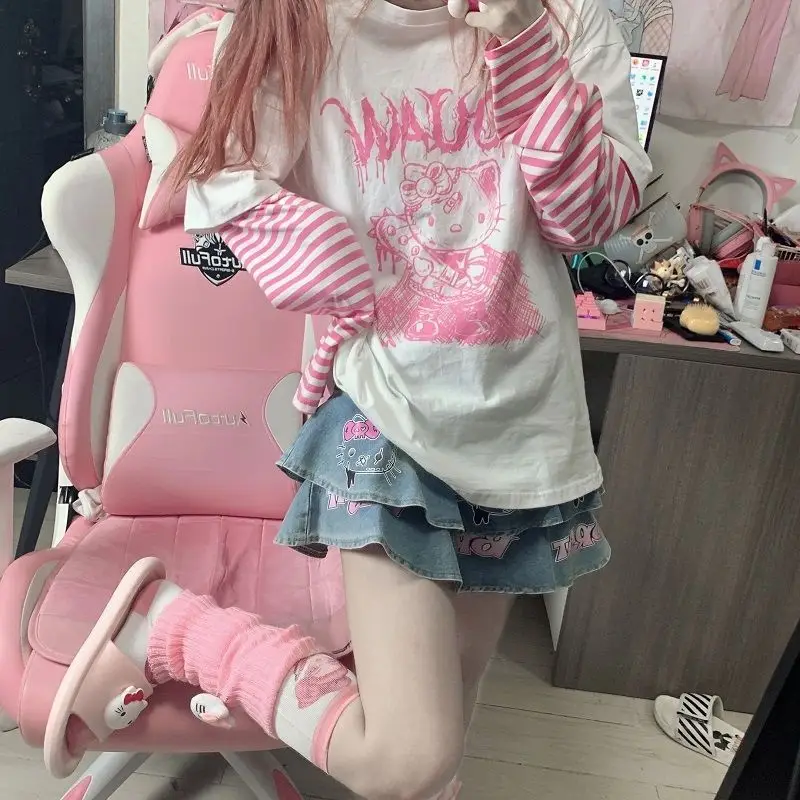 

Sanrio Upper Outer Garment Cool Hello Kitty Top for Women New Loose Student Cute Stitching Long Sleeve T-shirt Girl