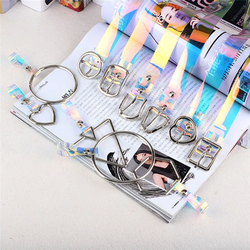 

Female Heart Pendant Pin Bucket Waist Belts Fashionable Retro Ring Belt For Women Ladies Laser Transparent Narrow Waistbands