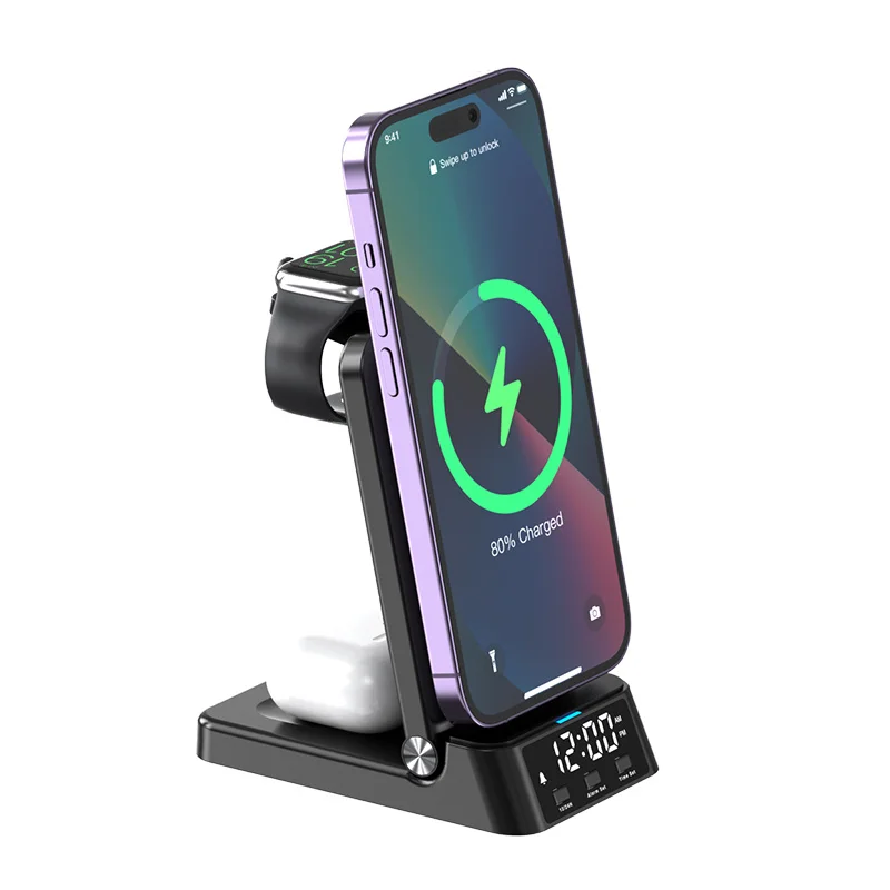 

3 In 1 Wireless Charger For IPhone 14 13 12 Apple Watch S8 7 15W Fast Charging Dock Station Desktop LED Digital Alarm Clock
