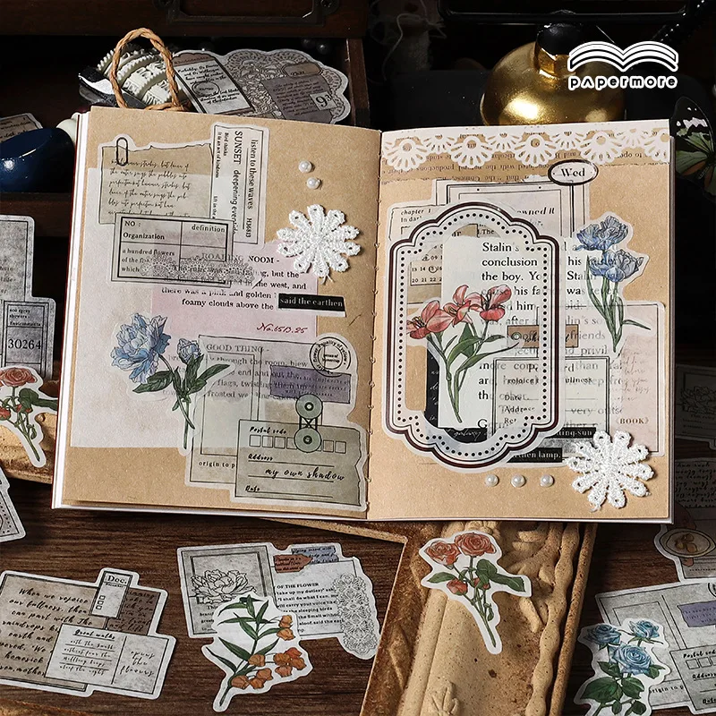 

40pcs Vintage Flower Stickers Pack Scrapbooking Supplies Diary Planner Collage Decorative Craft Stationery Sticker