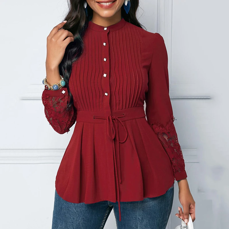 

Блузка женская шифоновая с круглым вырезом, модная кружевная Повседневная элегантная офисная Однотонная рубашка в стиле пэчворк, с длинным рукавом, на шнуровке, весна