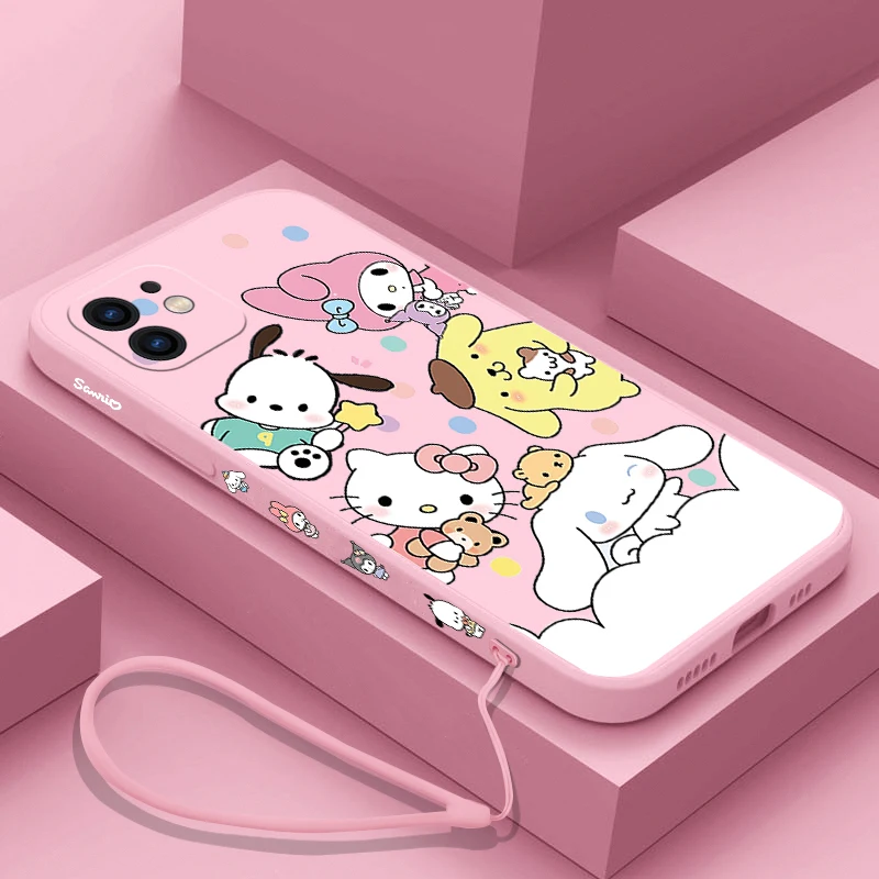 

Sanrio Hello Kitty Cinnamoroll With Lanyard Phone Case For iPhone 14 13 12 11 Pro Max Mini X XR XS 8 7 Plus Silicone Cover Gift