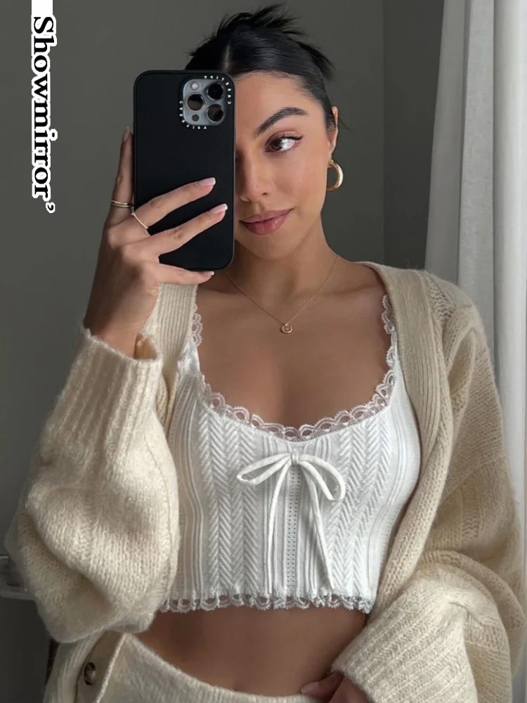 

Showmirror кружевная отделка милый вязаный Y2K жилет Топ с завязкой Милая бабочка Fairycore Майки женские летние 2022 без рукавов тонкая Толстовка