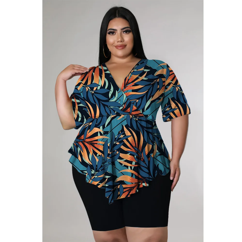 Plus Size Women 4xl Set Leaf Print Tops And Solid Pants 2022 Summer Two Piece Sets Lady Sweatshirt Female Tracksuit Wholesale