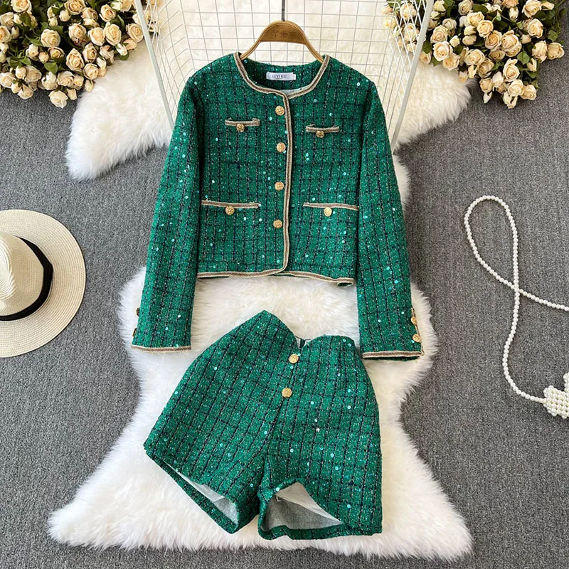 

Designer Women's Suit With Shorts 2022 Luxury Green Sequins Tweed Jacket and Shorts Plaid Elegant Party Outfits Two piece sets