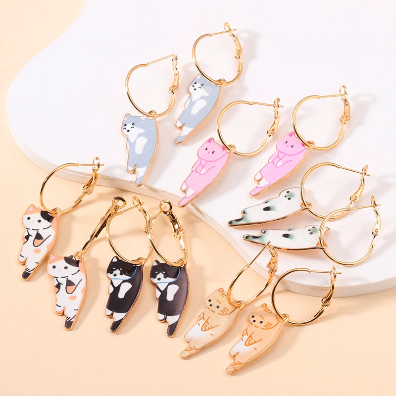

2023 Trending Colorful Enamel Cat Hanging Hoop Earrings Cute Boho Dangle Earrings For Women Girls Party Jewelry Accessories Gift