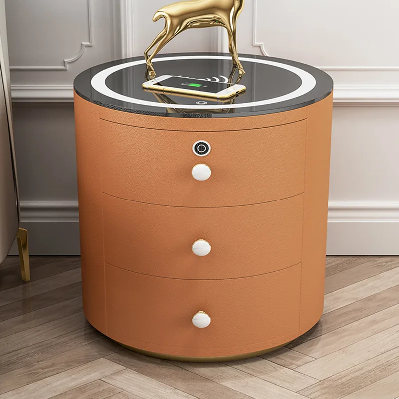 

Modern Bedside Table Round Wireless Charging Smart Lamp Multifunctional Fingerprint Lock Storage Cabinet Auxiliary Furniture HY